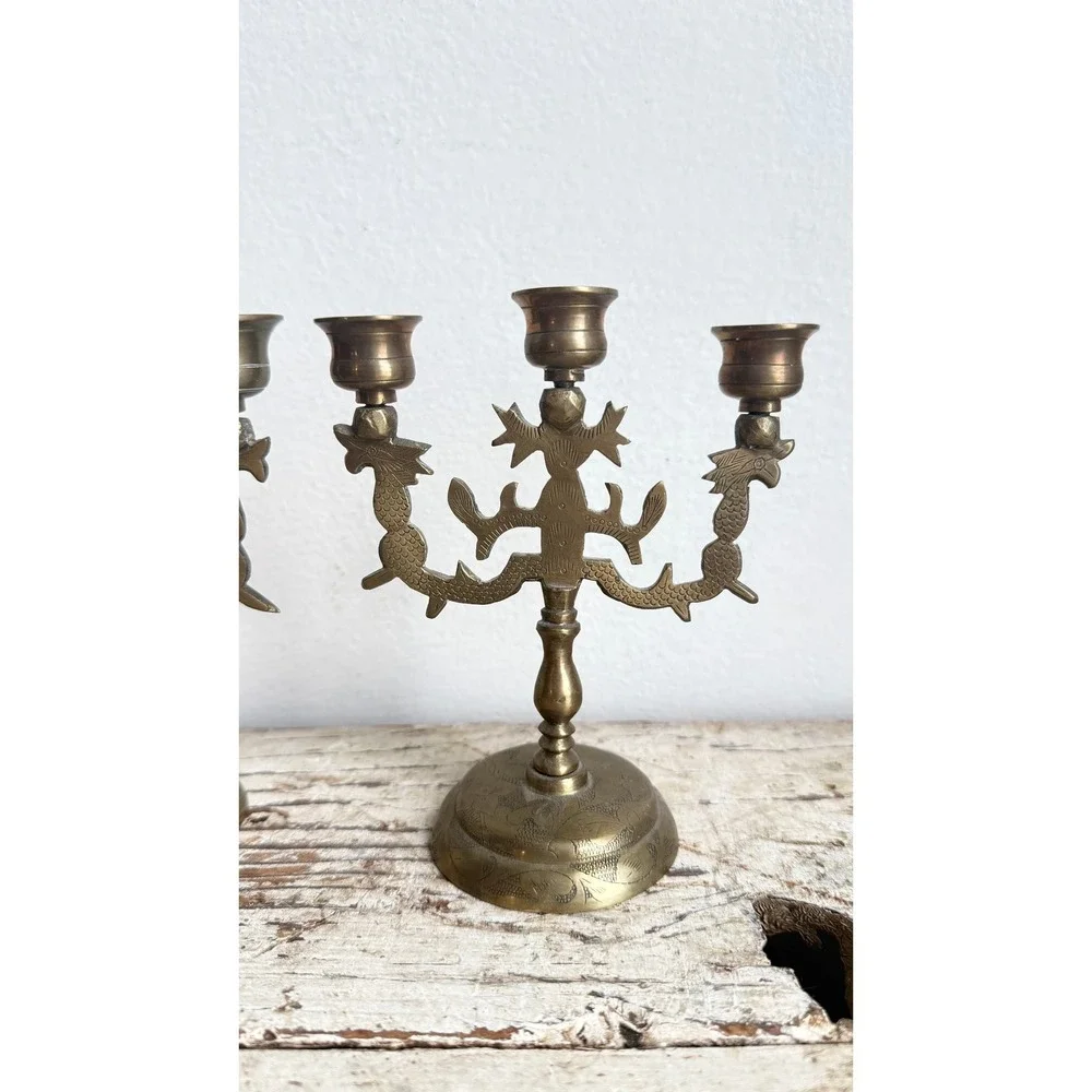 Vintage Brass Dragon Candelabra Pair 3 Light Etched Taper Holders India